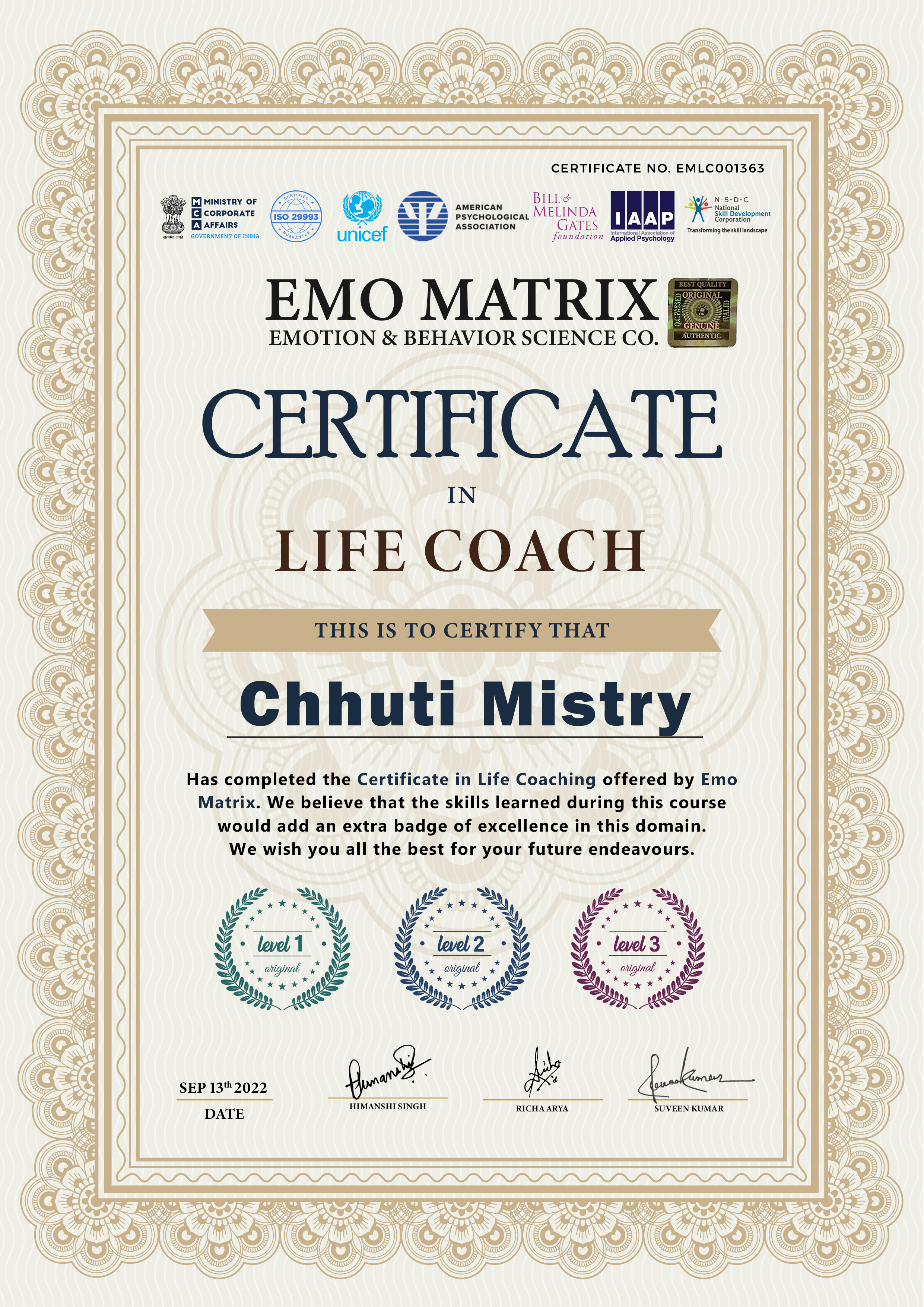 Certificate from Emo Matrix